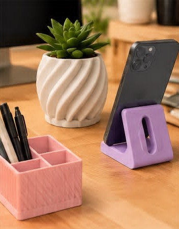 Organizador rosa, vaso com suculenta e suporte de celular lilás impressos em 3D